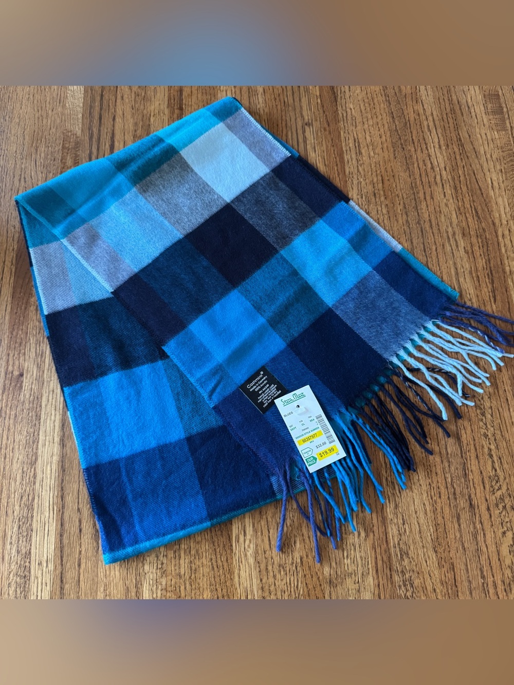 NWT Cashmink by Fraas Blue Plaid Fringe Scarf Made in Germany Soft